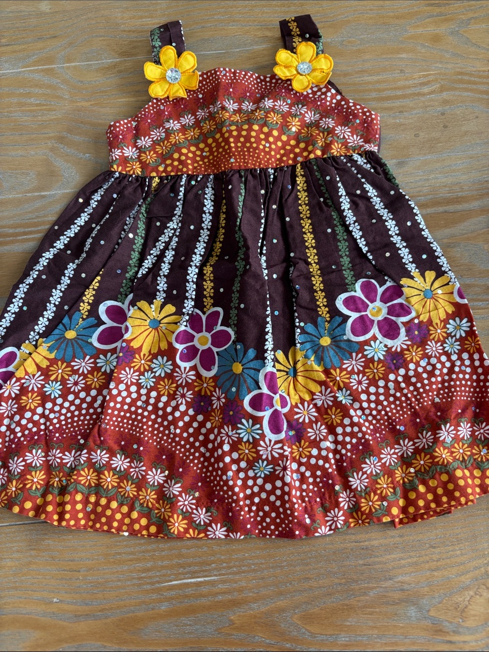 Blueberi Boulevard Brown Sundress with Yellow & Purple Floral Accents